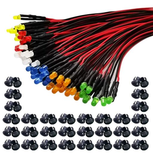 GTIWUNG 60個入り3mm LED プレ配線 高輝度 砲弾型LED 12V用 6色あり- ホワイト オレンジ レッド ブルー グリーン イエロー + 60個入り 専用マウントLEDホルダー