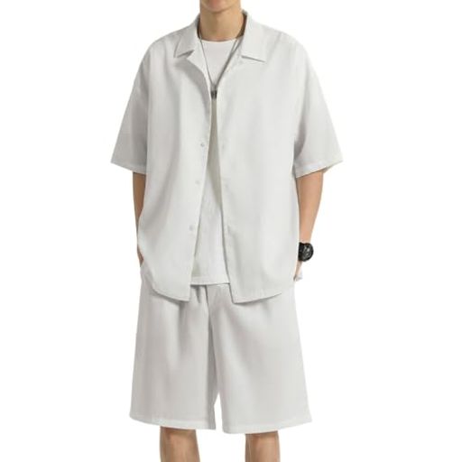 [Aaronlive] シャツ メンズ 上下セット 夏 セットアップ 半袖 ハーフパンツ カジュアル 大きいサイズ トップス ショットパンツ 無地 通気性 薄手 涼しい 吸汗速乾 おしゃれ 2点セット アウタ…