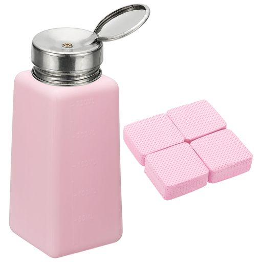 YOKIVEアルコールディスペンサー250ml(8.5オンス)プッシュダウンポンプ式ボトルアイメイク用マニキュアリムーバーアセトンクリーナー付き糸くずの出ないネイルワイプ200枚入りピンク