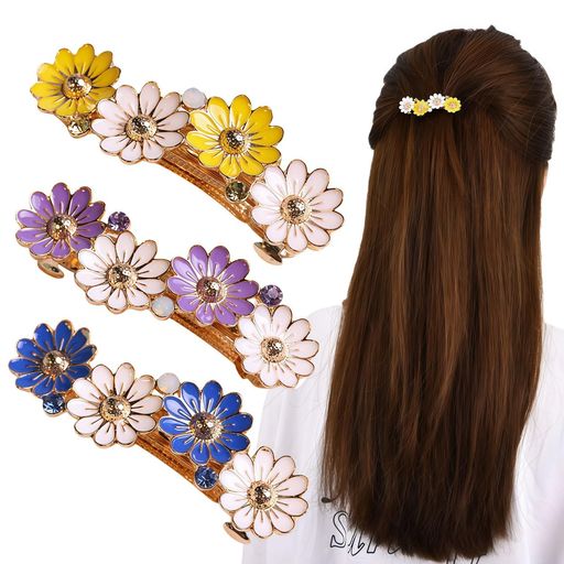 Getrays デイジー バレッタ 3本セット マルチカラー 滑り止め フラワー ヘアクリップ 金属製 花型 ヘアピン ラインストーン付き おしゃれ 髪留め 髪飾り 結婚式 デート 写真 普段使い 髪ピン…