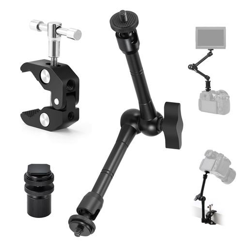 TARION マジック アーム クランプ: 1/4 および 3/8 インチネジ付きスタジオ クランプ + 11 インチ ビデオ/DSLR 関節式アーム、モニター、ビデオ ライト、マイクなど用関節式アーム