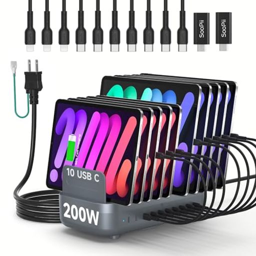 ‌【オールインワン10ポート充電ステーション】‌ 最大10台同時充電可能!ホーム・オフィス・教室に最適。かさばるアダプターや乱れた電源タップを一掃、スリムな1台でデスクをスッキリ整理し、全機器をフルパワーに! ‌【独立20W急速充電】‌ 10ポート全てが個別20W PD出力!総容量200Wで10台のタブレットを同時フルスピード充電可能。パワーシェアなし、速度低下なし、過負荷ゼロ! ‌【スマートクーリング&amp;内蔵アダプター】‌ かさばる「充電アダプターブリック」が消える!内蔵式設計でデスクがスッキリ。45°Cを超えると自動で静音ファンが作動、高功率充電器に多い過熱を確実に防止し、安定した放熱を実現します。 ‌【オールインクルーシブ&amp;3年保証】‌ 箱を開けてすぐ使える!10本の高速充電ケーブル(USB-C to Cx7、USB-C to iPx3)、USB C-Microアダプターx2、調整可能なディバイダーx11が付属。業界屈指の3年保証と24時間年中無休の専門家サポートで、安心してご利用いただけます。