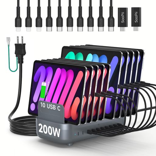 首佩200W USB-C充電ステーション‌、10ポートPD急速充電器(最大20W/ポート)、10本の短いケーブル付き、スマホ・タブレットなど電子機器の充電をまとめて整理(グレー)