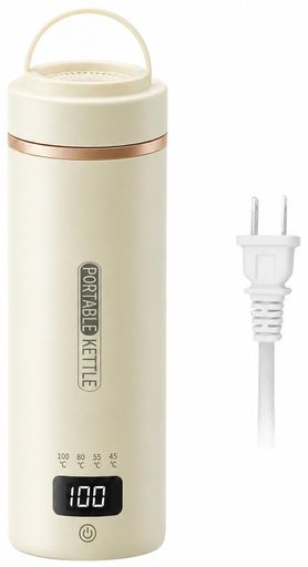 超軽量コンパクトでどこでも活躍- わずか500gの軽量ボディに450mlの適量サイズのポータブル電気ケトル。バックパックやスーツケースにスッポリ収まる持ち運びケトルとして、旅行・出張・キャンプ・オフィスなど様々なシーンで活躍します。共有給湯器が気になる方にも衛生的で、いつでもどこでも温かい飲み物を楽しめます。 4段階温度調節で好みの一杯を- この小型湯沸かしポットは、45・55・80・100°Cの4段階温度設定をワンタッチで切り替え可能。コーヒー・紅茶・ミルクなど飲み物に合わせて最適な湯温を選べます。約12~14分で沸騰する急速沸かし機能で、忙しい朝や休憩時間にもすぐに熱々のお湯が用意できる小型電気ケトルです。 携帯電源対応の低消費電力- 300Wの低消費電力設計で、コンセントとポータブル電源に接続して給電できる旅行ケトル。アウトドアや車中泊、防災時にも頼りになるトラベルケトルです。電気代を抑えながら、コーヒーやカップ麺を手軽に楽しめます。 食品級304ステンレス採用の内釜- 内側はサビやニオイに強い304ステンレス、外側はBPAフリーのPP素材の二重構造の電気ケトル。熱効率が良く、お手入れも簡単。