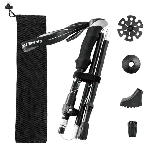 YAPJEBトレッキングポール折りたたみ登山用ストック軽量アルミ製ウォーキングポールトレランポール登山杖トレイルランハイキング登山収納バッグゴムキャップ付き男女兼用(02ブラック-11…