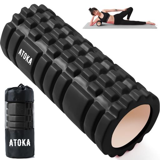 フォームローラー ATOKA 筋膜リリースローラー グリッドフォームローラー ヨガポール トレーニング ストレッチ器具 スポーツ フィットネス EVA素材 高耐久 収納バッグ付き ブラック