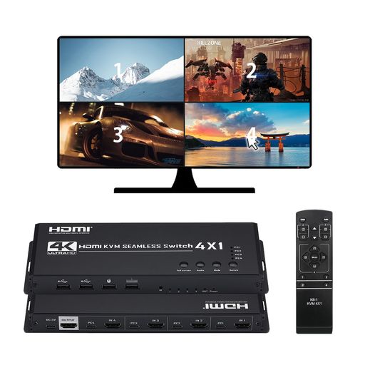 【HDMI KVM 画面分割器 4x1】HDMI 4ポート KVMスイッチは、4セットの高解像度ビデオ源とUSB信号を自由に同期して切り替えることができます。EDID/HDCPアダプティブ機能をサポートし、さまざまな複雑な訓練環境に適応できます。このHDMI KVM 画面分割器は優れた画像処理機能を備えており、伝送容量により出力信号がよりスムーズで安定しており、信頼性が高く、高性能で効率的なHDMI-USB切り替え方法です。 【最高4K@30Hz解像度】2160p、1080p、720p、1080i、1024x768、1360x768など。4K@30Hzは最高の解像度をサポートし、画像表示をより洗練されリアルにします。 【3つの切り替えモード】1ホットキーモード 2リモコンモード 3ホストキーモードで切り替えることができます。便利で迅速です。 【マウススルーモードと同期モード】▲注意:USB 2およびUSB 3ポートは、マウスとキーボードの接続にのみ使用できます。このHDMI画面分割器 KVMスイッチは、マウススルーモードと同期モードをサポートしています。