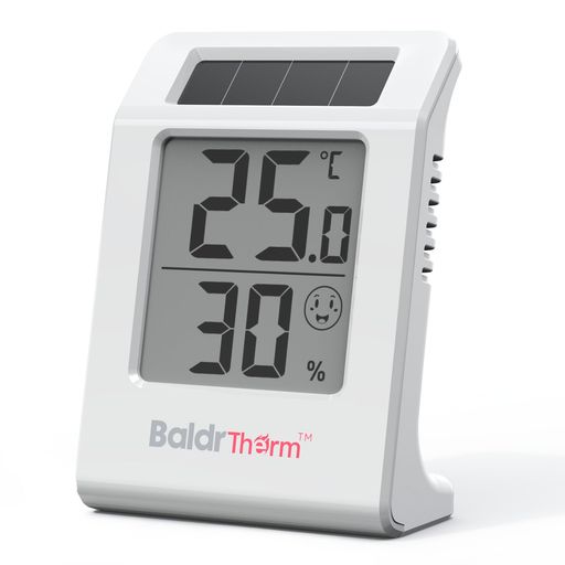 BaldrThermデジタル温湿度計ソーラーパネル搭載高精度室内測定快適度スマイル表示太陽光充電式壁掛け卓上スタンド春の高温・寒暖差春の5K熱中症対策室内環境チェッカー耐久家族の快適生…