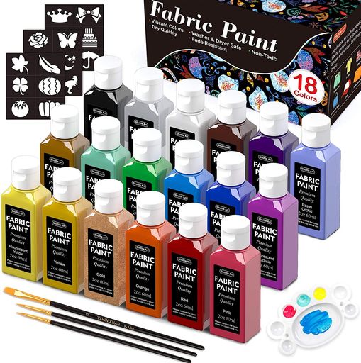 明るく、安全、耐久性 【18色布専用絵の具】プライマリーの12色、メタリックの2色、ネオンの2色と、パステルの2色からなる18色を揃った布用絵の具セットで、内容量:60ml/本です。カラーが豊富で、ペイントブラシ3本、かわいいステンシル3枚とパレット1個がギフト付き、特別なツールは必要ありません。ボトルごとに中身がこぼれ出ないようにする栓をきつくします。コンパクトなケースがあり、収納や携帯に便利です。布に描ける絵の具なので、布にご自分のお名前等、文字やお好きなマーク、イラストを描けます。 【鮮やかで使いやすい】アクリル絵具のような質感で扱いやすいです。発色が鮮やかで、濃地や柄の布にも鮮やかに映え、カバーしやすいです。絵の具タイプなので、混色も重ね塗りも自由にできます。描き心地が滑らかで、ストレスなくフリーハンドで自由にアレジできますし、広い面積を塗ることにも便利です。また、柄が付けやすいようにステンシルシートが付、お子様でも上手く仕上がります。 【速乾で色落ちない】色褪せしにくく、乾燥するまでの時間も短いので、仕事やお絵かきも効率的に進めます。アイロンをあてる必要がなく、描くだけで布に定着強いです。