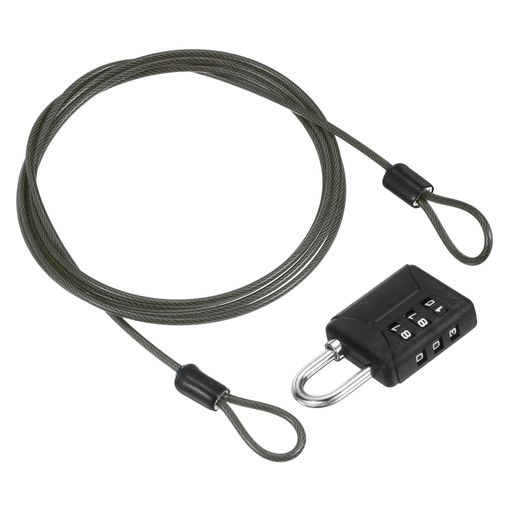 サイズ:スチールケーブル長さ:150cm / 59.1インチ / 4.9フィート;スチールケーブル直径:2.5mm / 0.1インチ;組み合わせロックサイズ:60 x 32mm / 2.36 x 1.26インチ (高さ*幅);ロックビーム直径:3.6mm / 0.14インチ;カラー:ガ ンメタ、黒;梱包内容:1セット x 再起動可能な組み合わせロック(スチールケーブル付き) 特徴:亜鉛合金製のパッドロックは耐候性に優れ、錆び防止、防水、切断防止、耐久性があり、長期間使用しても色褪せにくい設計です。PVCコーティングの304ステンレススチールケーブルは錆びや傷に耐性があります。3桁の組み合わせロックはダイヤルがスムーズでロックされず、高いセキュリティと強力な防犯性能を備えています。キーレス設計でコンパクト、軽量、携帯に便利です。 使用方法:初期パスワードは000です。独自の組み合わせを設定する手順:1. シャックルを引き上げてロックを開けます。2. シャックルを90度反時計回りに回し、完全に押し下げます。3. 押したまま、さらに90度反時計回りに回します。4. ダイヤルを回して独自の組み合わせを設定します。