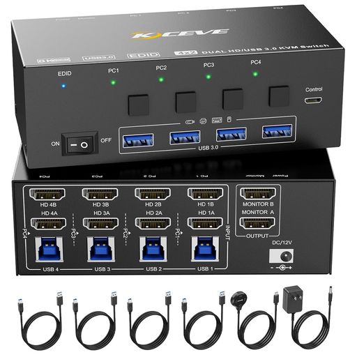 【2画面共有のKVMスイッチ】4台のパソコン、2台のモニターでキーボード・マウスを共有し、簡単に操作できるKVM切替器です。パソコンとモニターを4台持っていたとしても、1組のキーボード・マウスを共有できるため、省スペース化につながります。2台のモニターでパソコンを切り替えて使えると、より効率的に作業できます。 【コピーモード・拡張モードをサポート】コピーモードでは、メイン画面をサブ画面にコピーできます。拡張モードでは、メイン画面からサブ画面にウィンドウをドラッグできます。「Windows」キーと「P」キーを押して、コピーモードまたは拡張モードを選択してください。お知らせ: 拡張モードでは異なる画面を出力でき、コピーモードでは同一の画面を出力できます。 【8K高画質出力】このPC切替器は、8K@60Hz および 4K@144HZ の解像度をサポートし、より鮮明なコンテンツをお楽しみいただけます。(より低解像度との下位互換性もあります。)8K 解像度を正しく設定するには、高品質8K HDMIケーブルを使用してください。ご注意: 長さ 1.5 メートル以内の 8K HDMI ケーブルを使用することをお勧めします。
