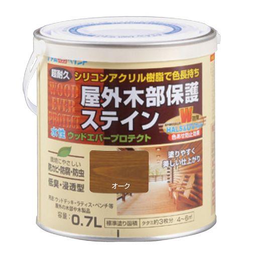 外装 用途:ウッドデッキ、ラティス、ベンチ等、屋外の木部や木製品の半透明仕上げ 塗り面積:約1.4~2.3m2(畳換算で約1枚)(2回塗り) 表面乾燥時間:夏期約1時間、冬期2~3時間 うすめ液:不要 シリコンアクリル樹脂+紫外線劣化防止剤(HALS)配合で超耐久 防虫・防腐・防カビ効果 着色力が高いので、色あせた素材も鮮やかによみがえります。 食品や食器等が直接触れたり、ペットがなめたり、かじったりする恐れがある場所には使用しないでください。 乾燥が不十分な木や竹素材、プリント合板等の化粧板には塗れません。