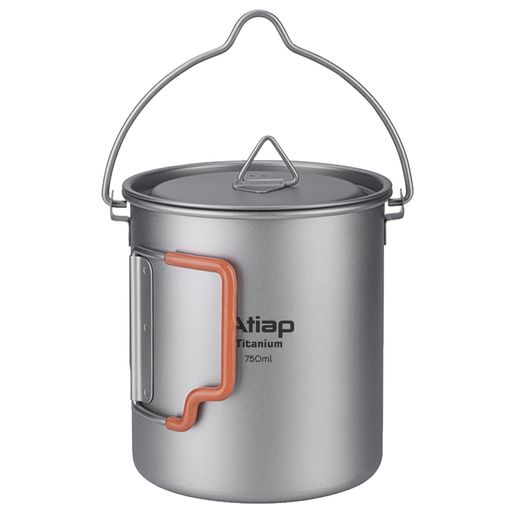 ATiAP クッカー チタン製 750ml 蓋付き 軽量 直火 折りたたみハンドル ベイルハンドル 吊り下げ 調理器具 | 収納袋付き)