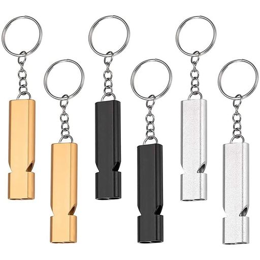 SHULLIN6個ミニホイッスルデカ音緊急ホイッスル防災口笛アルミ製ホイッスル救助笛緊急笛キーホルダー付アルミ製笛大音量SOS防災スポーツ登山ハイキングレフェリー(黒、金、銀)