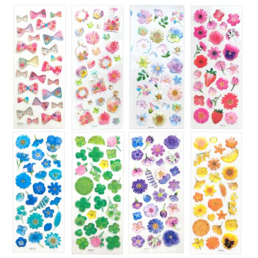 EUSTACE手帳シールご褒美シール8PCSかわいいステッカー手帳デコシール3D立体箔押しスクラップブック、日記、写真アルバムスマホDIY子供成人手作り花デイジークローバー蝶ネクタイデザイン