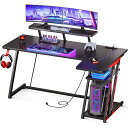 MOTPK L字 ゲーミングテーブル パソコンデスク 幅140CM 収納ラック2段/コンセント/モニター台/フック付き PC 机 オフィス ゲーム 書斎 在宅勤務 ブラック(3)