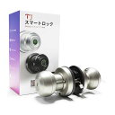 TJスマートロック指紋認証APP鍵ドアロック円形ドアノブオートロック部屋鍵後付けベッドルームアパートメント電子錠玄関鍵ドアノブロック(サテンニッケ...