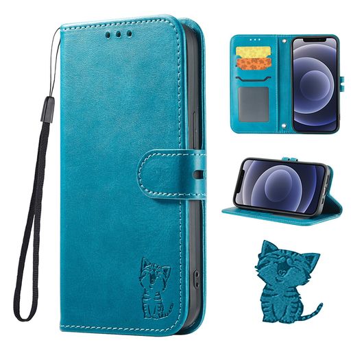 樂天商城 - 適用OPPO A5 5G OPG06 / CPH2751 / A502OP ケース OPPO A5 5Gケース 手帳型 笑顔猫ちゃん ストラップ付き カード収納 ベルトマグネット スタンド機能 薄型 ターコイズ
