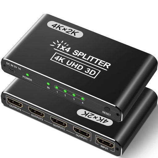 【HDMI分配器1入力4出力】 HDMI 分配器 1入力4出力同じHDMI信号源(例:PS4 / DVD / PCなど)の音声と動画を4画面に同時に出力します。(TV /モニター/投影機器/ディスプレイなど)。ラグ、フラッシュ、解像度の低下なしに高品質のビデオ/オーディオを提供します。スイッチではなく、4つのディスプレイが表示されます、同じ写真。HDMI端子全てに金メッキ加工を施しています。 【4Kx 2K高解像度&amp;高速伝送】: 1入力4出力 HDMI 分配器は、最大4K x 2K@30hz, 1080P @60hz,1080P @30hz, 3D の解像度をサポートします。四つのモニターがすべて高品質の映画で動作します。 四つのモニターが同期していて、色の深さがまったく変わらないため、遅れはありません。豪華なビデオとオーディオを友人や家族と共有できます。LPCM、DTS Digital、Dolby Digitalに対応しています。