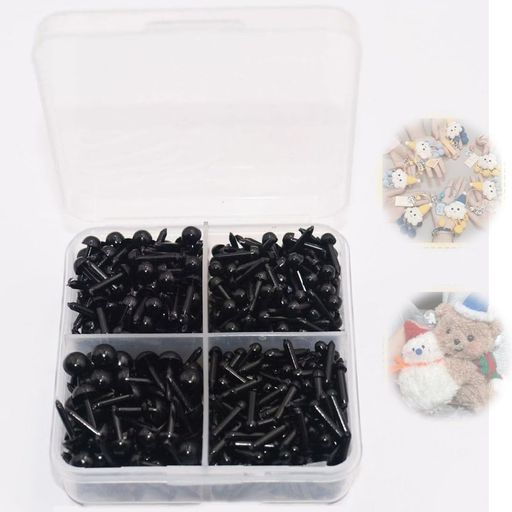 【4サイズ約800個セット】 直径約3mm・4mm・5mm・6mmの黒色パーツを、合計約800個収録しています。小さなマスコットから少し大きめのぬいぐるみまで、作品の大きさや表情に合わせてサイズを使い分けられます。 【【ぬいぐるみの表情作りに】 あみぐるみ、ぬいぐるみ、モールドール、羊毛フェルト作品などの目や鼻として使用できます。黒く光沢のある丸型パーツで、動物やキャラクターの顔を仕上げる手芸材料です。 【差し込み式のストレートロッド】 先端を編み地、フェルト、布地などへ差し込んで取り付けるストレートロッドタイプです。目打ちなどで小さな下穴を作ってから、位置を確認しながらまっすぐ差し込むと作業しやすくなります。 【サイズ別の4区画ケース】 4種類のサイズを区画ごとに分けて収納できるケース付きです。細かなパーツが混ざりにくく、必要なサイズを探しやすいため、制作中の整理や使用後の保管にも便利です。 【幅広い手芸作品に活用】 犬、猫、うさぎ、くまなどの動物モチーフ、毛糸人形、フェルト人形、キーホルダー、手作りマスコットなどに使用できます。接着が必要な素材には、作品に適した接着剤を別途ご用意ください。