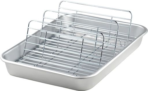 サイズ(約):31.7x23x4.1cm、組み立て時/31.7x23x9.3cm、板厚/0.75mm 本体重量(約):510g 素材・材質:本体/アルミニウム、本体加工/アルマイト加工、アミ/鉄・クロームメッキ 生産国:日本 立てるアミ:3枚