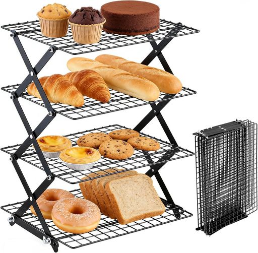 ケーキクーラー4段折りたたみ式クーリングラック長さ40cm幅25cmブラック大容量ベーキングラック冷却棚クッキー・パン・ケーキ用乾燥・グリル・アウトドア対応省スペース収納(ブラック)