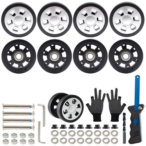 Security Goods - スーツケースタイヤ交換キット 8個セットラゲッジスピナー双輪修理 キャリーバッグ車輪補修 DIY 取替え 55mm TPU静音キャスター 精密ベアリング搭載 Φ6・Φ8軸穴対応 ハイスソー HSSドリルビ…