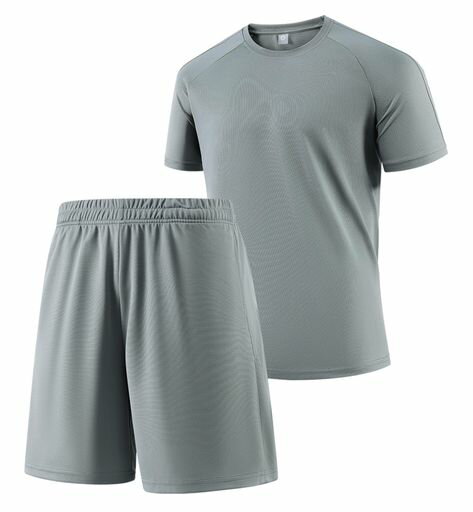 [Perturga]上下セットメンズスポーツウェアジャージsummerサッカーパジャマクールネック運動服tシャツ冷感セットアップライトグレーL