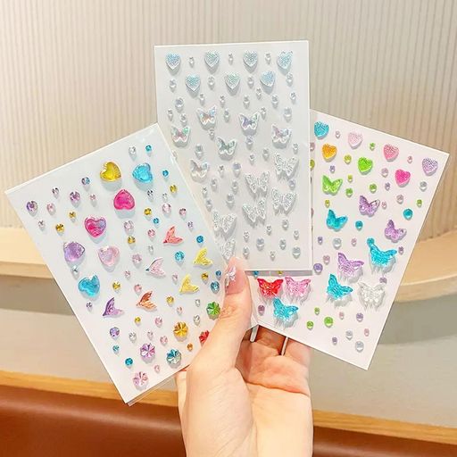 顔 シール キラキラ ラインストーン フェイス シール 粘着性あり カラフル3枚入り かわいい きれい 女の子 子供 立体 ハート 蝶 パーティー 結婚式 舞台 日常生活 卒業式 演出