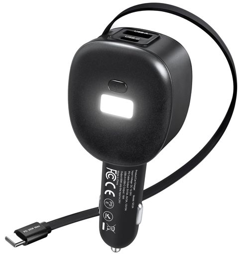 【PD 36W急速充電 &amp; 合計最大66W高出力】USB PD 36W対応で、スマートフォン、タブレット、Switchをパワフルに急速充電。合計最大出力66Wのハイパワー設計で、複数台同時充電時も安定した電力を供給します。 【収納らくらく巻き取り式USB-Cケーブル内蔵】約76cmの巻き取り式USB-C充電ケーブルを本体に内蔵。必要な長さだけ引き出して使え、使わない時はスッキリ収納。ケーブルの絡まりや断線の心配がなく、車内を常に整頓できます。 【スタイリッシュなライトで視認性&amp;ドレスアップ】本体にあしらわれた照明ライトが、シガーソケット周辺をクールに照らし出します。暗い車内でもポート位置が一目でわかり、充電ケーブルの抜き差しもスムーズ。夜間ドライブの実用性を高めつつ、インテリアとして車内空間をワンランク上の雰囲気に演出します。 【3台同時充電可能なマルチポート設計】内蔵の巻き取りUSB-Cケーブルに加え、USB-Cポートx1、USB-Aポートx1を装備。合計3台のデバイスを同時に充電でき、家族や同乗者のスマホ、タブレット、Switchなども一台でまとめて充電可能です。