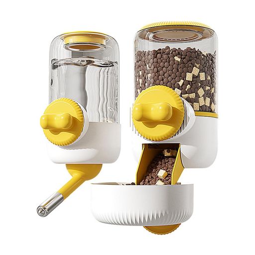 ハムスター 給水器 + 自動給餌器 セット 2点セット ハムスター ハリネズミ 小動物用 水飲みボトル 水漏れ防止 壁掛け式 餌やり器 簡単取り付け お手入れ簡単(きいろ)