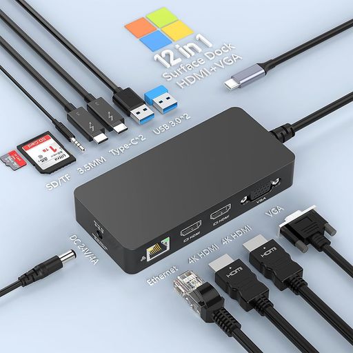 【12-in-1 usb c ハブ!機能豊富でデスクトップが一気に整理】USB4/Thunderbolt4 対応設計のドッキングステーションで、充電・ビデオ出力・オーディオ・データ伝送を一本のケーブルで完結!乱雑なケーブルが悩みだったワークスペースが、スッキリと整理できるだけでなく、高速伝送で作業効率もアップします。12 つの充実ポートを搭載:✅ 1000Mbps 有線 LAN(安定したネット接続)✅ 2xUSB-C データポート + 2xUSB 3.0 ポート(周辺機器をまとめて接続)✅ 4K HDMI ビデオ出力(デュアルモニター対応で作業幅拡大)✅ 3.5mm ヘッドフォンジャック(音楽鑑賞・オンライン会議に最適)✅ 24V/4A DC ポート(100W 急速充電で Surface 本体を継続稼働)✅ マイクロ SD&amp;TF カードリーダー(※両スロット同時使用可能!)写真・動画データの転送も、カードを直接差し込むだけで瞬時に行えるので、撮影後の編集作業もスムーズです。