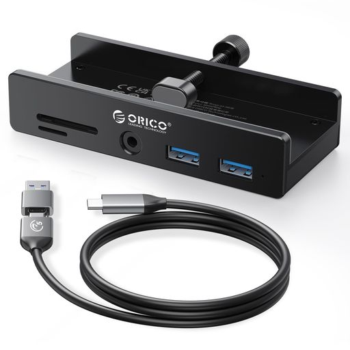 樂天商城 - ORICO USB-Cハブ クランプ式 5ポート(TF/SDカードリーダー、USB-Ax2、3.5mmオーディオ) 5Gbps高速転送 USB-C 給電ポート付き(5V) バスパワー/セルフパワー対応 1mケーブル付 アルミ pc周辺機器