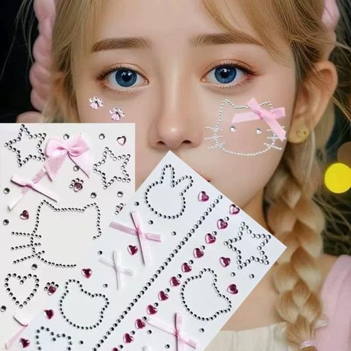 顔シール【2セット】目の装飾うさぎkittyシールフェースステッカーハート三色の選択肢リボンかわいい自己粘着性3D光るキラキラフェイスストーン顔面デコネイルデコパーツ携帯電話飾り…