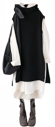 [YUANYUAN] レディース 2点セット ロングベスト&シャツワンピース セットアップ ワンピース ニットベスト ジレ マキシドレス 秋服 冬服 タートルネック サイドリボン カジュアル ゆったり 大…