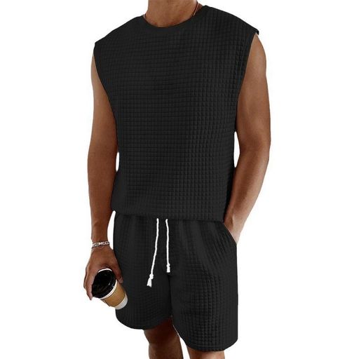 [Anmurye] Men's Tracksuit Set - Waffle Fabric Tank Top + Shorts - Casual, Crew Neck, Summer Wear, Plus Sizes, Comfortable, Adjustable Waist, Solid Color, Breathable, Black - XL