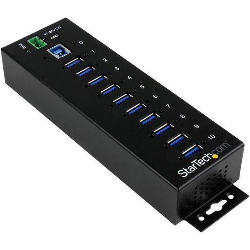 USB性能の最大化:サーバールームや産業環境に10口の独立したUSBポートを増設する10ポート対応USB 3.2 Gen 1(5Gbps)ハブ 外部給電対応ハブ:付属のターミナルブロック、またはオプションの65W外付け電源アダプタ(別売)を使用し、7〜24VDC入力で動作。USB Battery Charging Specification 1.2に対応備考:電源アダプターが必要な場合は当社製電源アダプター(製品ID: HB30A10AME)をご検討ください。 デバイス保護機能:接続機器を保護する15kV(気中)/8kV(接触)のESD保護に対応。下流および上流のUSBポートには350Wのサージ保護を搭載 多彩な設置オプション:壁面、デスク下、ラックなど、様々な面に固定できる取り付け用ブラケットが本体に付いており、DINマウントレールが製品に付属