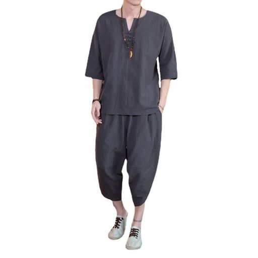 樂天商城 - [CUEPANDA] Tシャツ メンズ 半袖 綿麻上下セット 七分袖 七分丈サルエルパンツ 無地 vネック 大きいサイズ セットアップ カジュアル おしゃれ 薄手 ルームウェア 部屋着 春夏秋 deepgrey M