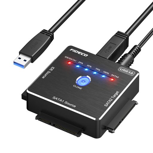 【幅広い互換性】FIDECO IDE/SATAアダプターは、2.5インチまたは3.5インチのSATA/IDEハードドライブに対応しています。データ転送のために2台のHDDを同時に接続できます(IDEソース+SATA2ターゲット、SATA1ソース+SATA2ターゲット)。ただし、IDEソースとSATA1ソースは同時に接続できませんのでご注意ください。 【オフラインクローン】FIDECOハードドライブコンバーターはオフラインクローンに対応しています。コンピューターは不要です。「CLONE」ボタンを3秒間押し続け、最初の青色ランプ(25%)が点滅するまで待ちます。オフラインクローンは、IDEソース+SATA2ターゲット、SATA1ソース+SATA2ターゲットの2つの組み合わせでのみ操作可能です。容量要件:SATA2ターゲット 大きいか等しい IDE/SATA1ソース。 【対応システム】FIDECO SATA/IDEアダプターは、Windows、Mac OS、Linuxに幅広く対応しています。ドライバーやソフトウェアは不要で、プラグアンドプレイで簡単に使用できます。