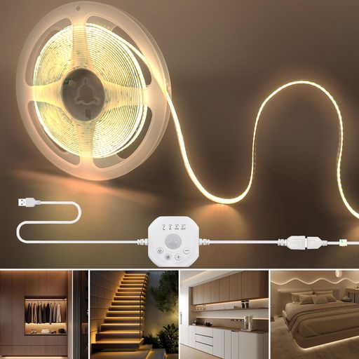 [パッケージ内容]:1xClearhill LED COB USBストリップライト;1xPIRモーションセンサー(電源別途) [モーションセンサーストリップライト]:PIRモーションセンサーと超明るいCOBストリップ(320LED/m)を含むキットで、便利な作業照明や暗い部屋・廊下の安全な誘導灯として最適です。動作検知がない場合、38~300秒後に自動消灯。省エネ設計で、手間いらず! [4モード選択可能]:1昼モード:人を検知すると常に点灯;2夜モード: 夜間のみ人を検知して点灯;3ONモード:遅延機能OFFで常時点灯;4OFFモード:全機能停止(両モードとも15/30/60/120秒の4段階自動消灯タイマー付き)切り替えスロットでお好みのモード組合せを選択可能。PIRセンサー検知距離:最大2.5m/検知角度:120度 [調光可能]:「+」「-」ボタンで簡単に明るさ調整が可能。さまざまな照明ニーズに合わせて、調光機能付きストリップライトとしてお使いいただけます。 [USB電源&amp;簡単設置]:USBインターフェースを装備しており、USBプラグやUSBポートがあるデバイスから電源供給可能。