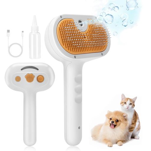SZXYMUQIペット用ブラシ猫ブラシスチーム犬ブラシ「噴霧式静電防止」スリッカーブラシ犬丸いピン先痛くないマッサージワンプッシュ式抜け毛除去簡単猫ブラッシングType-C充電水注ぎ瓶付…