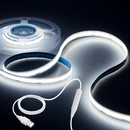 【5VUSBLEDTVバックライト】:ALITOVE1MUSBCOBLEDストリップライト320個のLEDchipが高密度に配置され、明るくスポットのない綺麗な粒無しライン発光を実現。本製品は、DC5VUSBポート、携帯充電器/USBHUB/USBソケット/コンピュータホスト/テレビなどで使用することができます。USBケーブルの長さは1.5メートルで、十分な長さで簡単に接続できるのが素晴らしい!現代的な照明とインテリアの第一選択です。 【調光可能なCOBLEDテープライト】:5段階の明るさ調整機能付き調光コントローラーを搭載、さまざまなシチュエーションでの明るさのニーズに簡単に対応。また、記憶機能付きで電源再投入後も前回終了時の動作をいたし、毎回の調整作業が不要で、時間を効果的に節約できます。 【取り付け簡単】1.5m長さのUSB電源ケーブルを搭載し、どこでも日常的に使用することができます。usb5vラインテ-プは、出力5V/2Aまたは以上のusbポートを持つデバイスを直接挿入することができ、利便性を大幅に向上させることができます。
