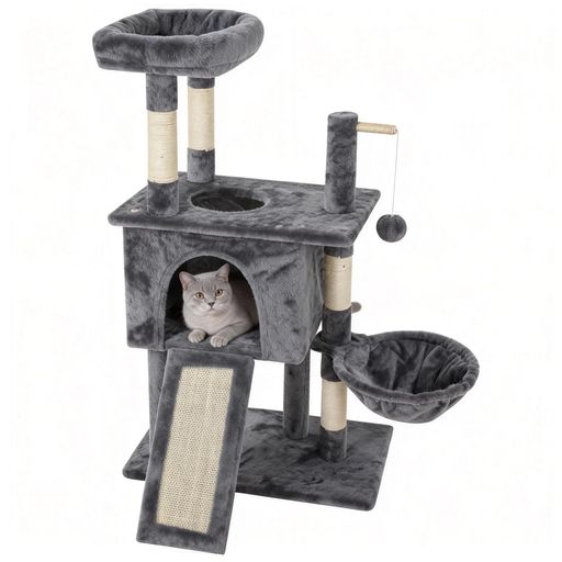 Saiveina キャットタワー 猫タワー 小型 据え置き 安定感 おもちゃ 猫ベッド 爪とぎ 隠れ家 運動不足解消 グレー 高さ98cm