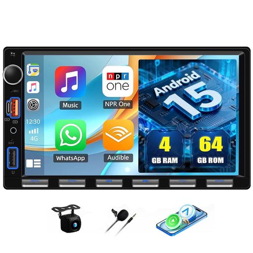 7インチ Android 15 ディスプレイオーディオ ワイヤレスCarPlay/AndroidAuto 4+64GB GPS内蔵 2DIN バックカメラ付き カーナビ 7インチモニター