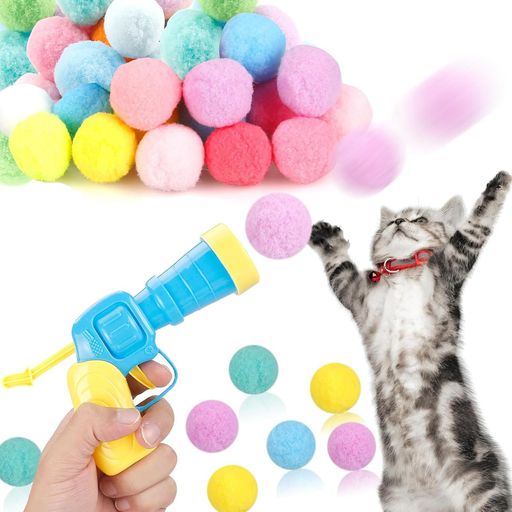 Phyxiul 猫おもちゃ 猫ポンポンボール 混合色 ボールランチャー 猫遊び用 猫大興奮 ペット運動不足やストレス解消 (20個入り(ランチャー*1))