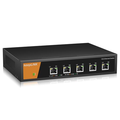 10Gポート: この5ポート10Gスイッチは、Cat6aケーブル(またはそれ以上)での高速接続用に5つの10Gポートを備え、10Gリンク機能を追加する費用対効果の高いソリューションを提供します。 オートネゴシエーション: オートネゴシエーションは、リンク速度をインテリジェントに感知し、2.5G/5G/10G WiFi 6 AP、10G NAS、10G PCIeアダプタ/NIC、10Gサーバー、ゲーミングコンピュータ、8Kビデオなど、すべてのデバイスの互換性と最適なパフォーマンスのために5つの速度(100Mb/1G/2.5G/5G/10G)の間で調整します。 メタルシェル、放熱穴、放熱用ファン内蔵、ノイズをできる限り抑えながら放熱能力を確保。 プラグアンドプレイ:ソフトウェアのインストールや設定が不要で、簡単にセットアップできます。 スイッチング容量:10Gスイッチは160Gbpsのスイッチング容量を備えています。