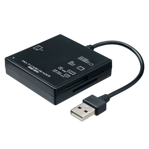 4スロットでいろいろなメディアが読み書きできるコンパクトカードリーダーです。 microSDスロットを配置した使いやすいレイアウトです。リムーバブルディスクのアイコンに迷わない1スロット認識タイプです。USB2.0/1.1に対応しています。 ※USB2.0機器として使用するためにはUSB2.0対応のホストアダプタかUSB2.0対応のポートを搭載した機器でなくてはなりません。 ※MacOSではUSB2.0対応のホストアダプタかUSB2.0対応のポートを搭載しOS10.2.7以降をインストールした機種が必要です。 ※上記以外の環境ではUSB1.1で動作します。 ※USB2.0非搭載機ではデータ転送速度は低下する可能性があります。 Windows&amp;Mac両対応です。