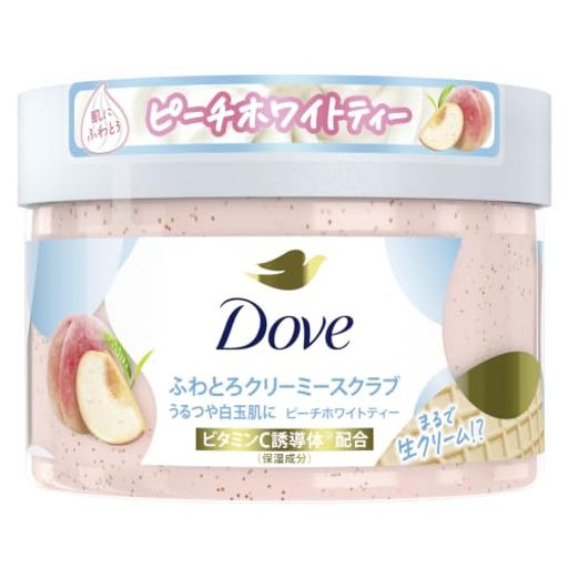 【特徴✨】毎日使えるダヴのふわとろクリーミースクラブからピーチホワイトティーの香りが新登場! 【香り🍑】甘くジューシーなピーチにさわやかで上品なホワイトティーを重ねたピーチホワイトティーの香りでリフレッシュバスタイム 【成分1🧪】ビタミンC誘導体※配合。うるおってうるつや白玉肌*1へ。 ※アスコルビルリン酸Na *1 不要な古い角質を落とし、うるおって透明感のある肌 【成分➁🧪】うるおいのダヴならではのしっとりクリーム*2配合で、うるおい成分が肌の深層*3まで浸透。 *2 ステアリン酸、セテアリルアルコール、コカミドプロピルベタイン、グリセリン水溶液:保湿成分 *3 角質層内 【対象🛁】やわらかめのテクスチャーで、マイルドに角質ケアしたい方におすすめ。ひじやかかとなどカサつきが気になる部分を中心に、顔以外の全身にご使用いただけます。