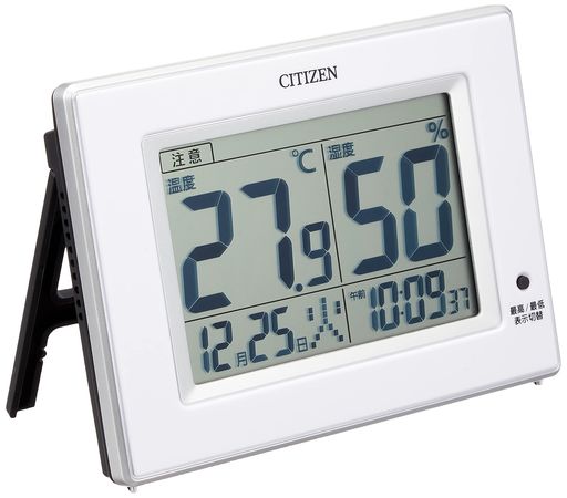 サイズ:10.5x14.5x2.4cm、本体重量:210g 使用電源:単三形x2本(別売) 時計機能ムーブメント:クオーツ 高精度温度湿度計モデル(温度精度プラスマイナス1°C、湿度精度プラスマイナス3%RH) 環境目安表示付(インフルエンザ、熱中症、ガビ・ダニ、食中毒 の注意レベルであることをお知らせ)、