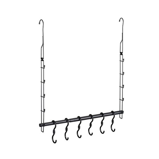 製品サイズ / 幅49・55・61・67・73・79x奥行6.5x高さ74.5cm ※フックは含まないサイズです。 耐荷重 / 15kg(フック1つあたり 3kg) 材質 / 水平バー:スチール(エポキシ焼付塗装)、アーム: スチール(エポキシ焼付塗装)(樹脂部:ABS樹脂)、フック:ABS樹脂 原産国 / 中国 吊るすだけの簡単設置、いろいろなサイズのカバンをまとめて収納! 大きさや肩ひもの長さがバラバラで収納場所に困っていたカバンを、まとめて収納できる吊り下げハンガーです。下段にはカバン以外にも、洋服を収納することもできます。 【幅調整】6段階の幅調整が可能です。幅調整はプッシュピンで簡単調節! 【高さ調整】5段階の高さ調節が可能です。高さ調節はアームに乗せるだけの簡単設置! 【6個のフック付き】付属のフックは360°回転するので、カバンの向きを自由に調節できます! ※吊り下げアームにも、小物が掛けられる便利なフックが付いています。